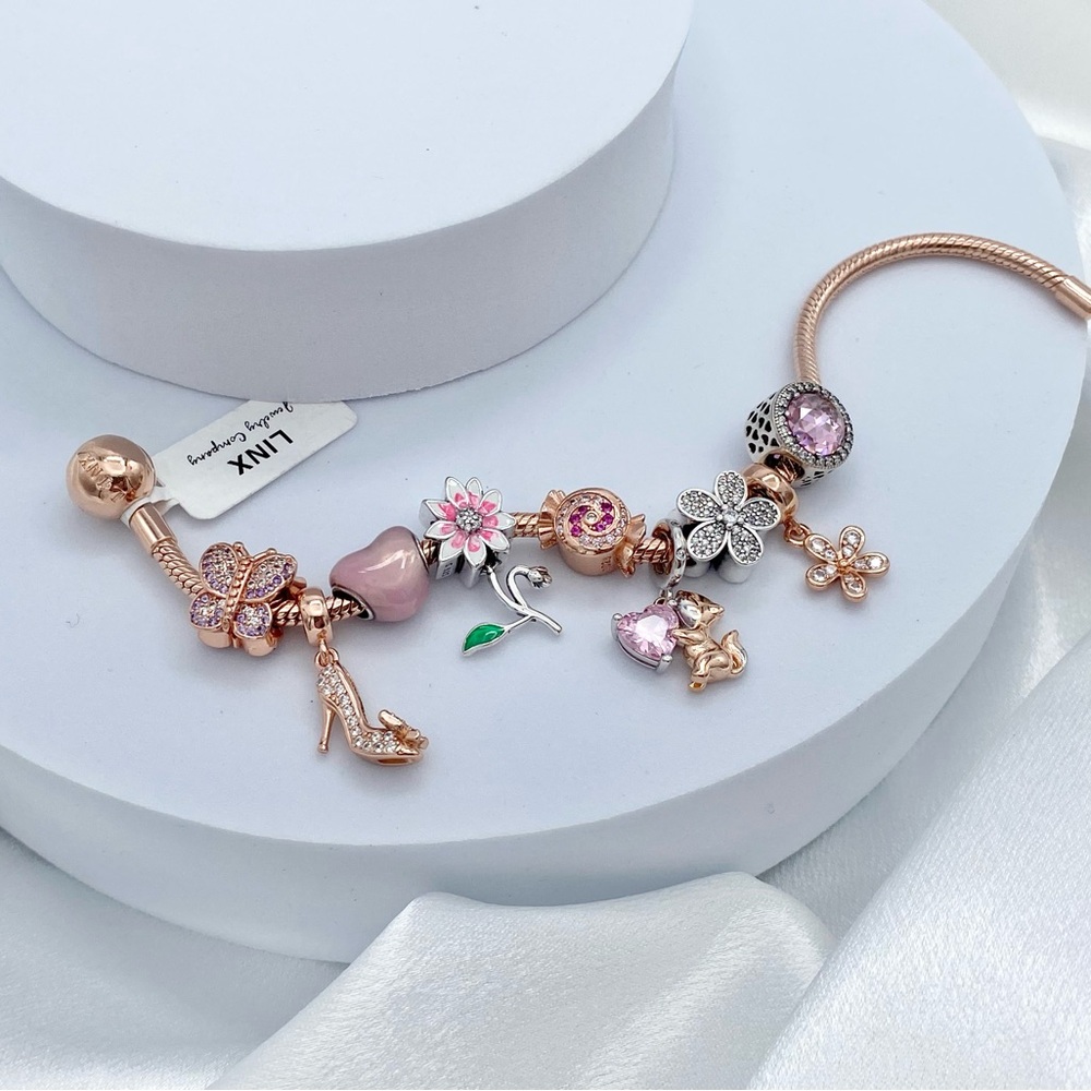 Linx Rose Gold Bracelet with Rose Gold Pink and Silver Themed Charms